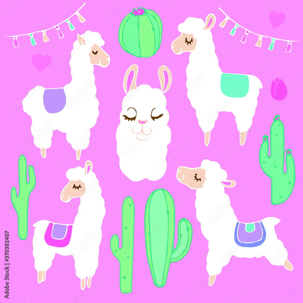 Fototapeta premium llama set on the pink background