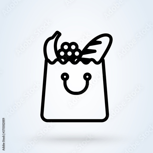 Groceries icon. Full basket of food, special offer, vector sign. Food bag icon template. Farmers market paper box illustration. Line grocery logo background. Simple modern icon design illustration.