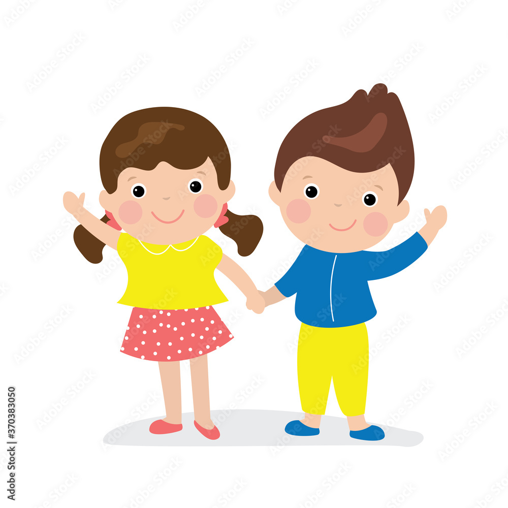Caucasian preschool kids holding hands.Cartoon children couple, friendship between boy and girl.