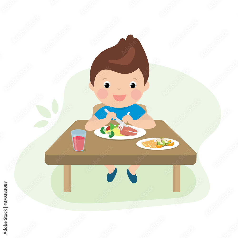 Cartoon preschooler boy have a breakfast. Healthy food - vegetables, fish and fruits in the diet of a child.