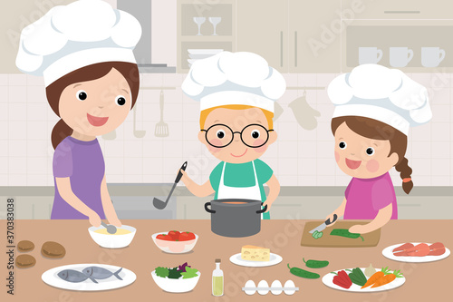 Kids cooking class with woman teacher in the kitchen. Kitchen interior with furniture on background.