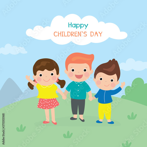 Cartoon kids preschoolers holding hands. Happy Children's Day banner or card. Children characters outdoors.
