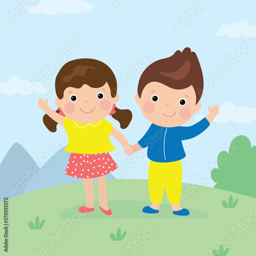 friendship between boy and girl. Positive preschoolers. Kindergarten characters outdoors.