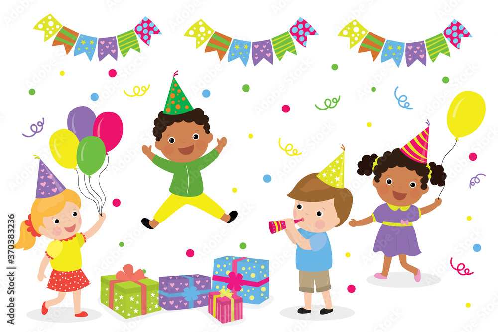 Cute multiethnic children celebrating. Cartoon kids birthday or new year  party. Stock Vector | Adobe Stock