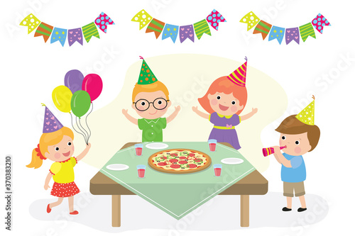 Pizza party banner. Happy birthday card. Cartoon caucasian children celebrate.