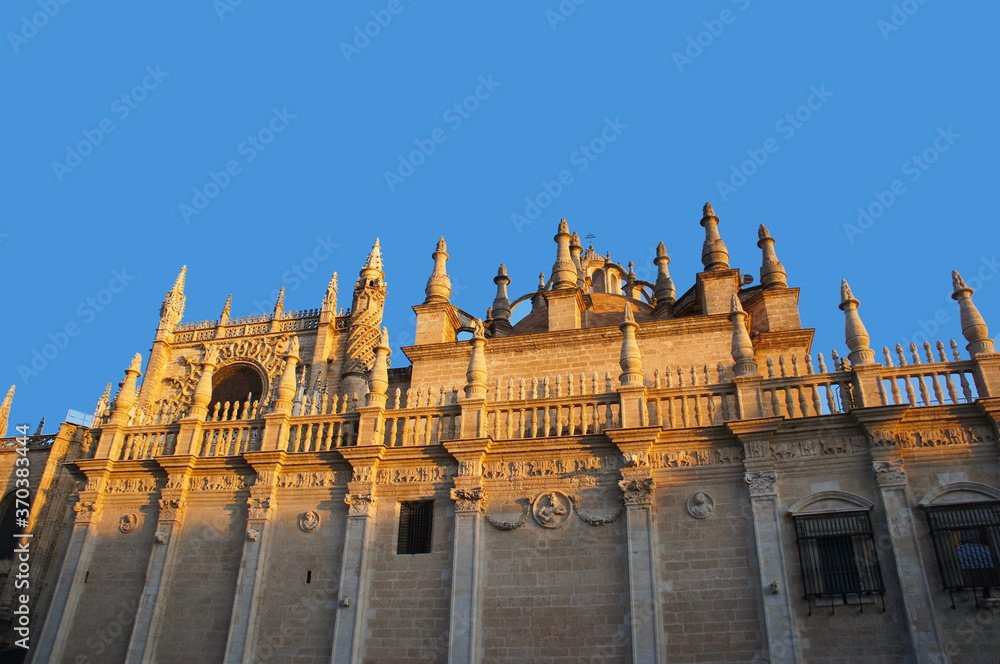 Facade of Catedral de Sevilla, Spain in sunrise