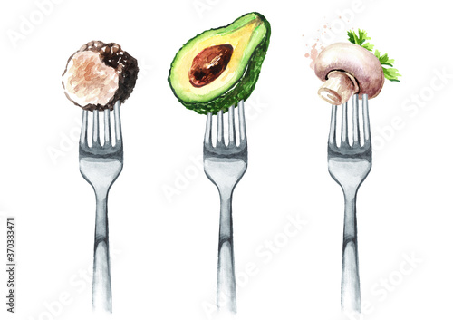 Black truffle, avocado, mushroom champignon on a fork. Concept of diet and healthy eating. Hand drawn watercolor illustration isolated on white background