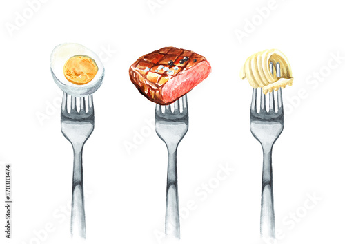 Boiled egg, steak, butter on a fork. Concept of diet and healthy eating. Hand drawn watercolor illustration isolated on white background