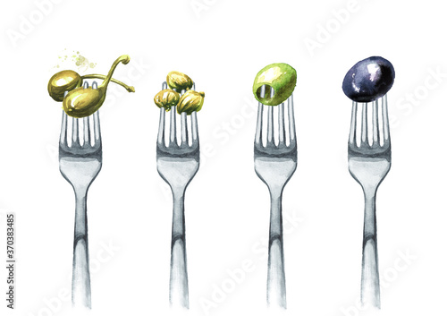 Capers, olives on a fork. Concept of diet and healthy eating. Hand drawn watercolor illustration isolated on white background