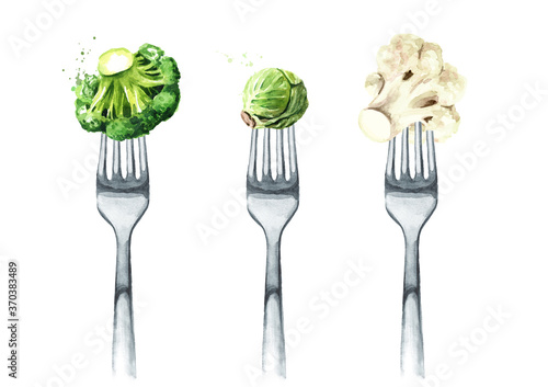 Cauliflower, broccoli, Brussels sprouts on a fork. Concept of diet and healthy eating. Hand drawn watercolor illustration isolated on white background