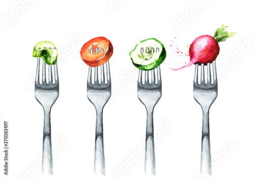 Celery, carrot, cucumber, radish on a fork. Concept of diet and healthy eating. Hand drawn watercolor illustration isolated on white background
