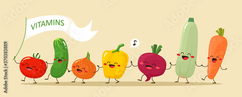 Funny vegetables go hand in hand after each other. Vector vegetable isolates in a cartoon style. Vitamins