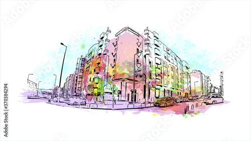 Building view with landmark of Almada is a city and a municipality in Portugal. watercolor splash with  hand drawn sketch illustration in vector.
