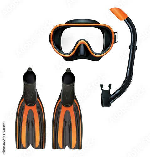 Dive mask, snorkel and pair of flippers. Vector illustration