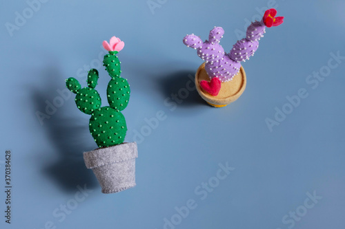 The set of toyes felt cactus are on a blue background with shadows. Concept. Minimal Fun Art. Greeting card, invitation. photo