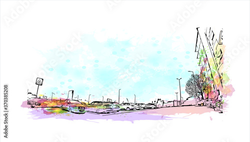 Building view with landmark of Almada is a city and a municipality in Portugal. watercolor splash with  hand drawn sketch illustration in vector.