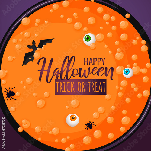 Happy Halloween card design with witch's cauldron top view. Potion with bat, eyes, spiders. Vector illustration for poster, banner, cover, card, postcard.