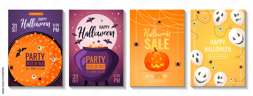 Happy Halloween promo sale and party invitation flyers. Scary pumpkin, cauldron, brewing potion, bats, ghost balloons, spiders, eyes. A4 vector illustration for poster, banner, special offer.