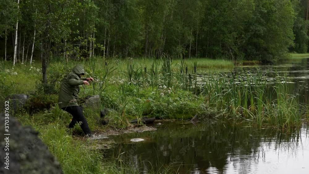 Wildlife photographer slips and drops expensive camera in water,Tracking pan shot Wildlife photographer slips and drops expensive camera in water,Tracking pan shot