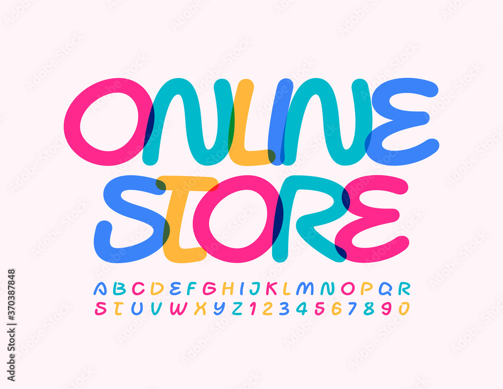 Vector modern banner Online Store. Creative colorful Font. Handwritten bright Alphabet Letters and Numbers