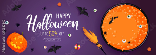 Happy Halloween promo sale flyer with Halloween elements. Witch's cauldron with potion. Bats, eyes, spiders, scary pumpkin, broom, candies. Vector illustration for poster, banner, special offer.
