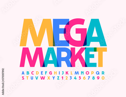 Vector promo sign Mega Market. Bright Font for Business and Shopping. Colorful Alphabet Letters and Numbers
