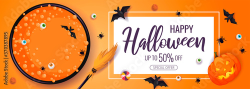 Happy Halloween promo sale flyer with Halloween elements. Witch's cauldron with potion. Bats, eyes, spiders, scary pumpkin, broom, candies. Vector illustration for poster, banner, special offer.