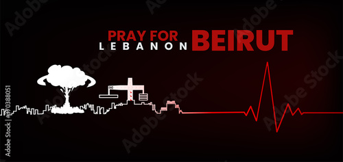 Pray for Beirut Lebanon bombed with city and heart beat Lines in dark background. Massive explosion on Beirut. concept of praying, mourn, humanity 
