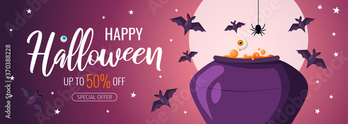 Happy Halloween promo sale flyer with Halloween elements. Cauldron with brewing potion, flying bats, spider. Starry night and full moon. Vector illustration for poster, banner, special offer.