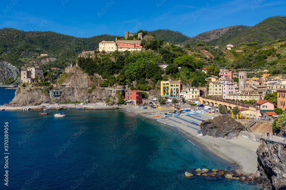 Wonderful aerial view of the famous Cinque Terre seaside village of Monterosso al Mare, Liguria, Italy, on a sunny summer day