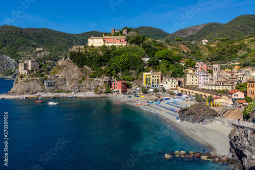 Wonderful aerial view of the famous Cinque Terre seaside village of Monterosso al Mare, Liguria, Italy, on a sunny summer day
