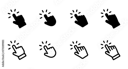 Set of Hand pointer symbol in trendy flat style. Computer mouse click cursor. Click cursor collection. Clicking finger. Hand pointer icon. Cursor
