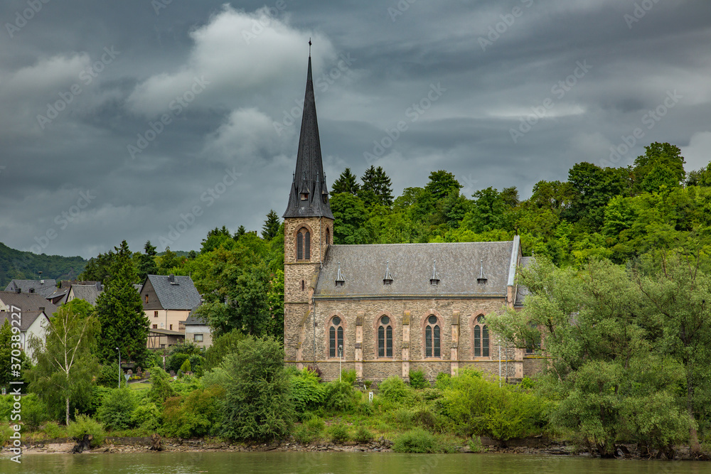 A church along the Rhine River in wine country near Koblenz Germany
