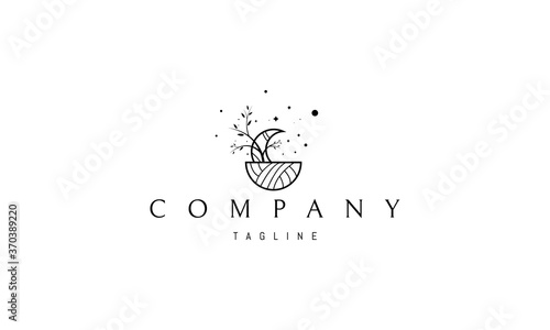 Vector logo on which an abstract image of a bowl from which the moon and a tree look out on a background of stars.