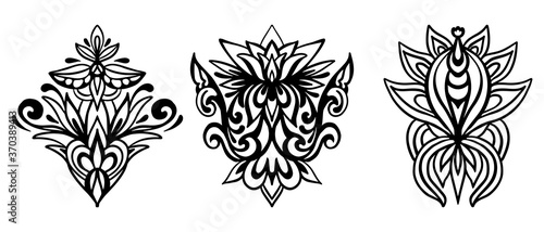 Vector damask silhouette black isolate set of 3 item