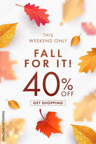 Autumn Sale background, banner, poster or flyer design. Vector illustration with bright beautiful leaves frame and text fall for it 40 % off. Template for advertising, web, social and fashion ads