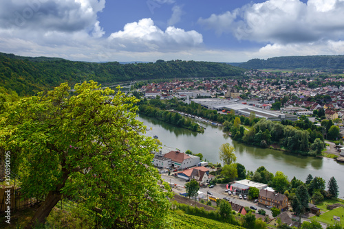 Blick vom Aussichtspunkt auf den Fluss. Götzenburg am Neckar