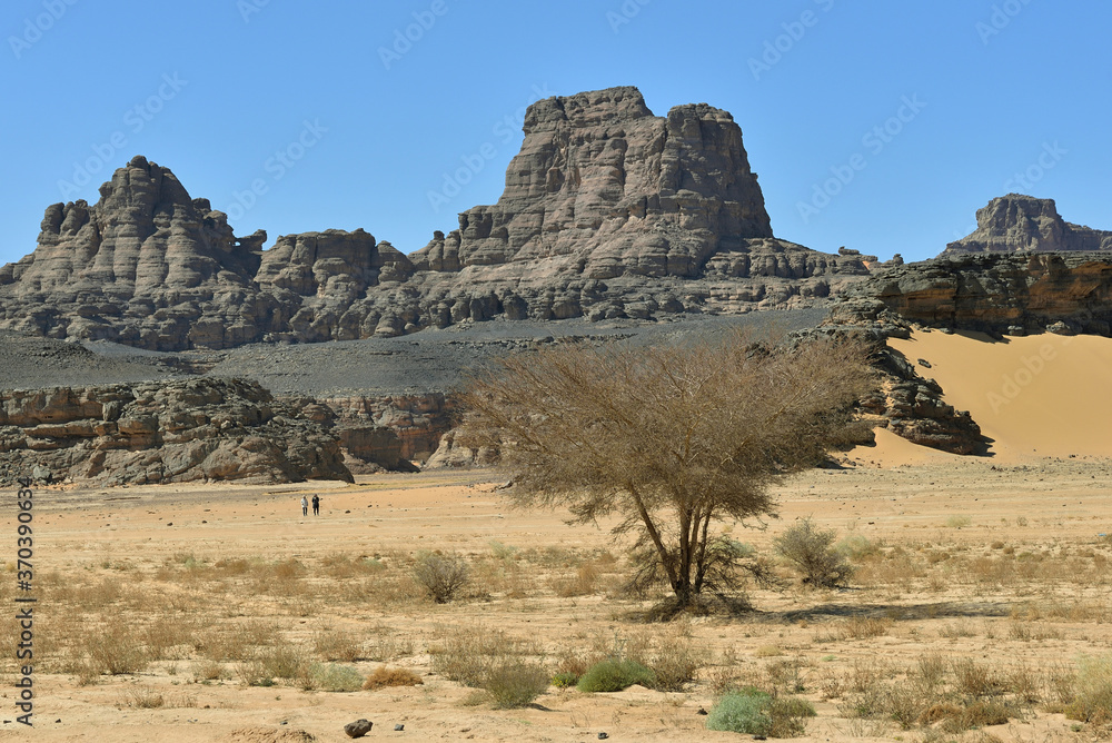 SAFARI IN TADRART, ALGERIA. DESERT LANDSCAPES WITH SAND DUNES AND MOUNTAINS.