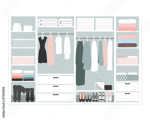 Wardrobe storage system in a modern style. Dressing room interior element, flat vector illustration. Closet with woman closing