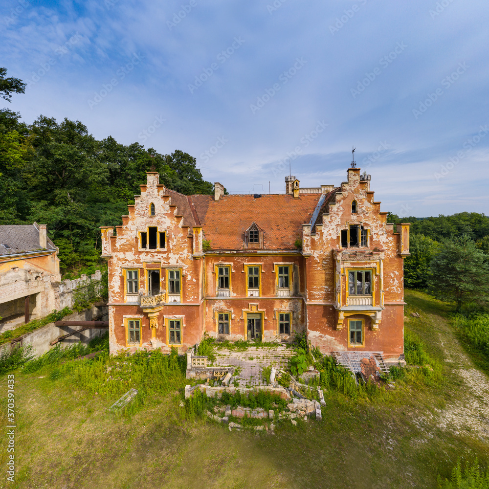 Drone photo of ruined castle in Mikosszeplak, Hungary