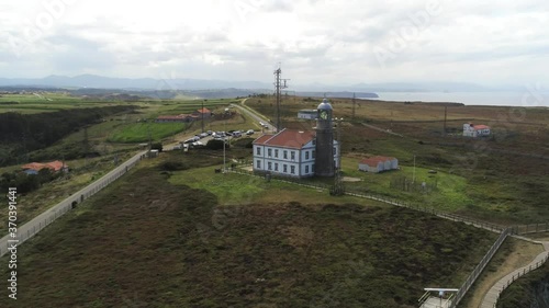 Lighthouse in Cabo de Peñas. Asturias,Spain. Aerial Drone Footage photo