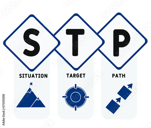 STP - situation target path. acronym business concept. vector illustration concept with keywords and icons. lettering illustration with icons for web banner, flyer, landing page, presentation