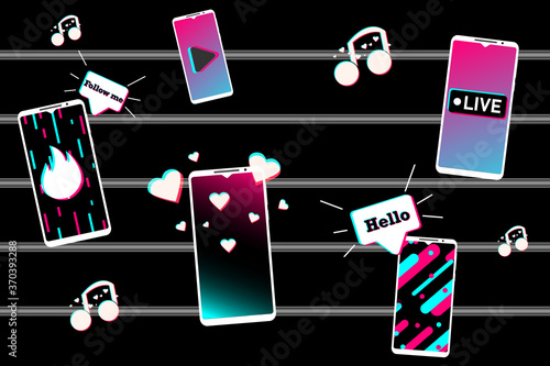 Concept with smartphones in the style of social networks. Mobile app template. Hello, Follow me, Hearts, Live - basic social network expressions