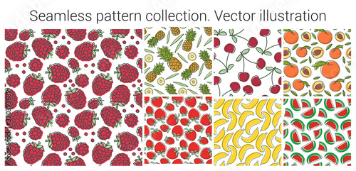 Seamless pattern with fruits and berries. Raspberry, pineapple, cherry, strawberry, banana and peach