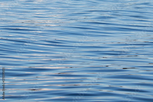 A wave pattern on a calm sea. There are some sunlight reflections in the water