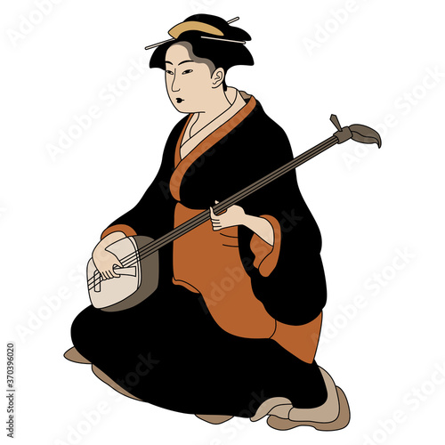 Seated Japanese woman in kimono playing shamisen.
