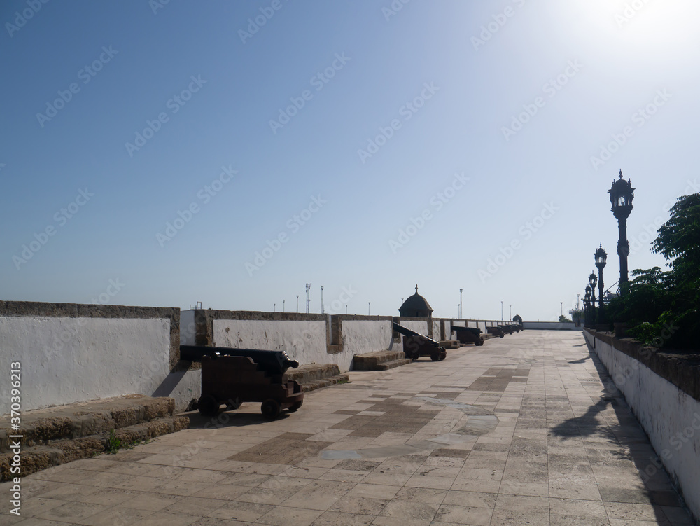military war cannons in in the bay of the capital of Cadiz, Andalusia. Spain. Europe. July 13, 2020
