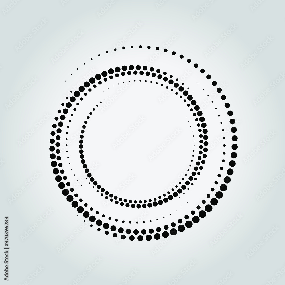 Abstract black vector halftone dots. Spiral form. Geometric art. Trendy design element for frame, logo, tattoo, sign, symbol, web, prints, posters, template, pattern and abstract background