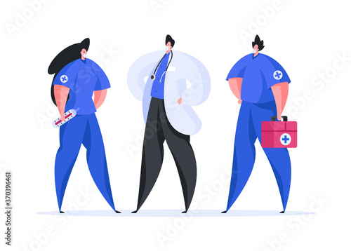 Set of medical cartoon colleagues saving lives
