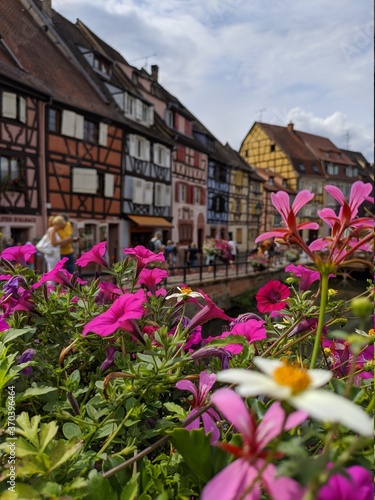 Colmars fleurs route des vins d'Alsace, plus beau village de france avec maison en bois poutre et charpente architacture traditionnel vieille ferme à colombage